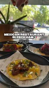 A creator reviews a Mexican restaurant in Peckham, showcasing various tacos, a mezcalita, and a crispy cheese dish. The video features direct-to-camera commentary and close-up shots of the food.