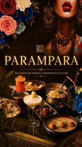 A promotional video for Parampara, an Indian restaurant in Ilford, showcasing the modern interior, staff service, and a variety of dishes including lamb chops, biryani, and mocktails.