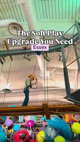 A fast-paced, energetic reel showcasing Kidspace, an indoor adventure park in Romford. The video highlights various activities including high ropes, climbing walls, go-karts, interactive projection games, and a soft play area, followed by a brief shot of the food available on-site.