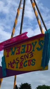 The video documents a family visit to a circus event, showing the exterior of the tent, various circus performances, and a visit to a dessert stall for crepes.