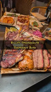 A high-energy, fast-paced review of Billy's Smokehouse in Shepherd's Bush, London, featuring a variety of smoked meats including lamb chops, short rib, and brisket.
