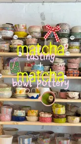 A 'hobbies to try in London' style video featuring a pottery and matcha workshop. The creator demonstrates the process of making a pottery bowl, painting it, and participating in a matcha tasting session.