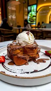 A short, aesthetic montage showcasing various desserts at a newly opened dessert cafe, featuring close-ups of chocolate cake, French toast, and cheesecake with chocolate sauce being poured.