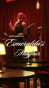 A cinematic montage showcasing Esmeralda's Mayfair, featuring live music, cocktails, and elevated comfort food in a dimly lit, upscale lounge setting.