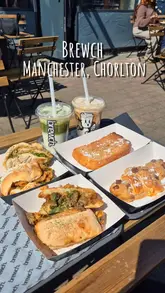 A promotional video for Brewch in Chorlton, Manchester, showcasing their sandwich menu, honey toast, and specialty drinks like matcha and Spanish lattes. The video features close-up shots of the food and drinks, the menu, and the cafe's exterior, presented in an upbeat, handheld vlog style.