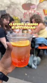 A promotional reel for a £2 Aperol and Margarita event at Peter Pizzeria in Nottingham. The video features quick cuts of drinks being prepared, close-ups of Neapolitan-style pizzas with toppings like burrata and buffalo chicken, and shots of the lively venue atmosphere.