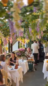 A montage showcasing the spring terrace at Scott's Richmond, featuring river views, floral decor, cocktails, and seafood.