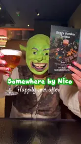 The video features two creators dressed as Shrek characters visiting 'Somewhere by Nico' for a Shrek-themed cocktail experience. It showcases the themed drinks, the immersive atmosphere, and a performance by a character dressed as the Fairy Godmother.