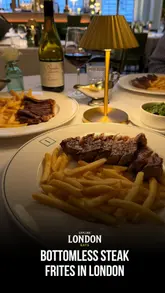A promotional video for 1 Lombard Street in London, highlighting their 'Steak Fridays' offer. The video features high-quality shots of the venue's interior, the steak frites meal, cocktails, and dessert, with text overlays providing details on the offer and pricing.