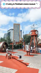 A short montage showcasing the Thinktank Science Museum in Birmingham, highlighting the outdoor science garden and indoor exhibits, with text overlays providing information about the £3 entry fee after 4pm.