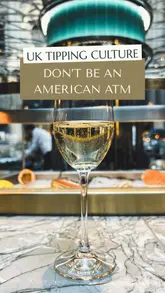 A travel guide creator provides advice on London tipping culture while showcasing various hospitality venues, including restaurants, bars, and hotels, to promote their London travel guide bundle.