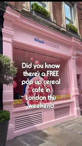 A short, vibrant video showcasing a temporary Nesquik-themed pop-up cereal cafe in London. The video features the pink-themed interior, the menu, and a child enjoying the cereal, effectively communicating the free nature of the event.