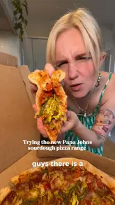 A creator reviews the new sourdough pizza range from Papa Johns, highlighting the texture of the crust and the taste.