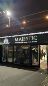 A promotional montage showcasing the newly refurbished Majestic Banqueting & Conference Centre, highlighting the event space, floral decor, 360 photo booth, and catering options including South Asian dishes and dessert.