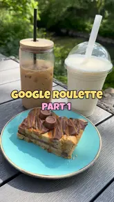 The video features a creator visiting 'Coffi HQ' in Taffs Well, using a 'Google Roulette' concept to discover the venue. It highlights the cafe's casual atmosphere, showing both indoor and outdoor seating areas, the menu, and specific items like an iced latte, a milkshake, and a Rolo cookie. The setting is emphasized by the riverside location and woodland surroundings.