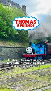 A montage-style reel showcasing a family day out at the East Lancashire Railway, featuring a Thomas the Tank Engine steam train ride, character meet-and-greets, live shows, and the Bury Transport Museum.