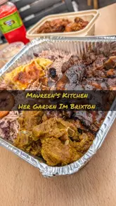 The video is a review of Maureen's Kitchen in Brixton, a home-based Caribbean food spot. The creator walks through the experience, from the exterior to the cooking process, and provides a taste test of various dishes including fried chicken, curry goat, jerk chicken, oxtail, rice and peas, mac and cheese, and coleslaw, accompanied by homemade fruit punch.