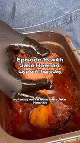 A video featuring two men preparing beef shin birria tacos in an outdoor kitchen setting, presented as a teaser for a podcast episode.