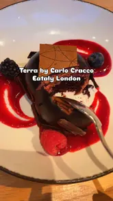 A montage showcasing the dining experience at Terra by Carlo Cracco in Eataly London, featuring cocktails, various Italian dishes, and the restaurant's interior.