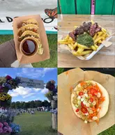 A four-panel collage showcasing a variety of street food dishes and the outdoor setting of The Neighbourgood Market in Edinburgh. The images highlight specific menu items including birria tacos, steak frites, and a bao bun, alongside a wide shot of the market entrance.