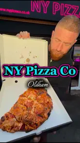 A fast-paced, enthusiastic review of a takeaway pizza shop in Oldham, featuring close-ups of pizza, calzones, and loaded fries with doner meat.