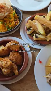 A montage showcasing an unlimited tapas deal at Los Gatos in Swindon, featuring various dishes like fried aubergine, patatas bravas, chorizo, and desserts.