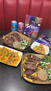 A short video showcasing a steak meal deal at Frankster's, including sides, loaded fries, and dessert.