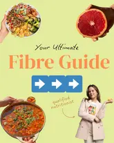 A well-designed promotional graphic for a book titled 'The Fibre Fix' by a qualified nutritionist. The image uses a collage style to showcase healthy food items like a grain bowl, grapefruit, and a stew, alongside the author and the book cover.