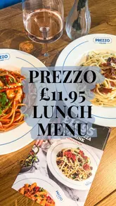 A promotional video showcasing the £11.95 express lunch deal at Prezzo, featuring pasta dishes and a drink.