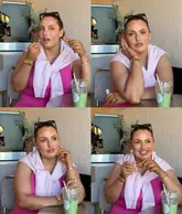 A four-panel collage featuring a woman posing at a cafe table with a matcha latte, focusing on a lifestyle and aesthetic vibe rather than the venue itself.