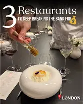 A high-quality, professional-looking shot of a fine dining dessert being drizzled with honey, set in a restaurant environment with wine glasses and a tasting menu visible.