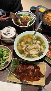 The creator visits Dan Dan, a Chinese restaurant in London, to review their menu. She highlights several dishes, including a Cantonese roast BBQ platter with crispy pork, roast duck, and char siu, as well as a spicy pickled vegetable fish noodle soup and garlic glass noodles with prawns. The video features the creator's commentary on the food quality and the restaurant's atmosphere.