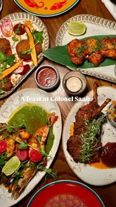 A high-quality montage showcasing the interior decor and a variety of dishes at Colonel Saab, an Indian restaurant in London.
