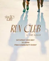 A promotional graphic for a community run club event. The image features a low-angle shot of runners' legs and their shadows on the ground, overlaid with clean, elegant typography detailing the event name, host, date, and time.