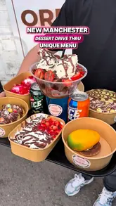 A high-energy vlog-style review of a new dessert drive-thru in Manchester, showcasing a variety of indulgent treats including brownies, cheesecakes, and milkshakes.