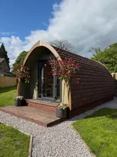A bright, clear, and inviting exterior shot of a glamping pod or chalet situated in a rural setting, showcasing the accommodation's curb appeal and natural surroundings.