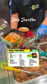 A review of a new Caribbean street food spot, Jerk Junction, demonstrating the 'build your own bowl' ordering process and showcasing various dishes including jerk chicken, curry goat, and sides like plantain and mac and cheese.