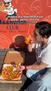 A creator reviews a hidden dark kitchen in Manchester called Naanwich Club, showcasing their butter chicken naanwich, butter chicken pizza, chicken 65, samosas, and onion bhajis.
