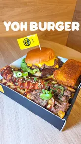 A review of Yoh Burger, showcasing their '4 Course Box' and 'Mini Munch Box' which include burgers, loaded fries, mozzarella dippers, mocktails, and milk cake.