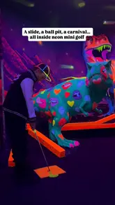 A fast-paced, neon-lit tour of Globalls in Brighton, showcasing various themed mini-golf courses, interactive games, a ball pit, and a slide. The video highlights the immersive and quirky nature of the venue, appealing to families and groups looking for a fun activity.