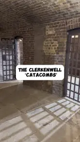 The video features a creator walking through the historic Clerkenwell Catacombs, providing historical context about their origins as a Victorian prison and their use as an air raid shelter. The content serves to promote an upcoming free public access event during Clerkenwell Design Week.