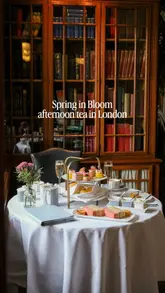 A visually appealing, polished montage showcasing a 'Spring in Bloom' themed afternoon tea at The Library, London Marriott County Hall, featuring close-ups of pastries, tea service, and a view of Big Ben.