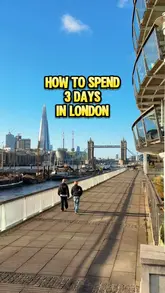 A 3-day travel itinerary for London featuring various tourist attractions, markets, and dining spots. The video uses a montage format with text overlays to guide the viewer through a sequence of popular locations including the Tower of London, Borough Market, and the London Eye.