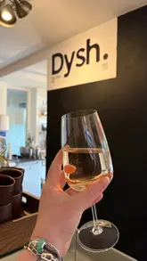 The video features a series of close-up, handheld shots of a small plates menu at a venue called Dysh. It showcases various dishes including meatballs, arancini, flatbreads, potatoes, and beef short rib, alongside wine. The video focuses entirely on the food presentation on the table.