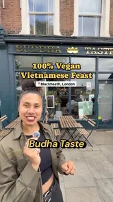 A creator visits Buddha Taste in Blackheath, London, to review their vegan Vietnamese menu. She tries a variety of dishes including prawn crackers, lemongrass "chicken" banh mi, steamed rolls, red wine stew, a crispy crepe, and brown sugar bubble tea, providing her thoughts on each.