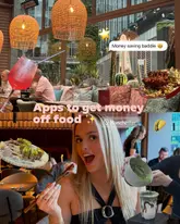 A collage-style promotional image featuring a person dining at a restaurant, showcasing various dishes including sushi, skewers, and a cocktail, with text overlays promoting money-saving apps.