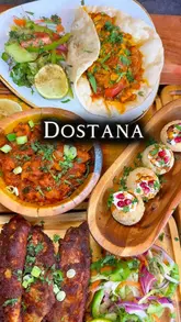 A montage showcasing a variety of Indian dishes at Dostana restaurant, including starters like masala fish and grilled prawns, and mains like lamb biryani and butter chicken.