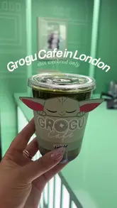 A short, energetic video tour of a limited-time Grogu-themed pop-up cafe in Shoreditch, London. The video highlights the themed drinks, snacks, and interactive elements like a claw machine and photo booth, encouraging viewers to visit before it closes.