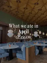 A high-quality, wide-angle interior shot of a restaurant featuring blue velvet booths and a decorative ceiling, serving as a title card for a listicle video about dining in Glasgow.