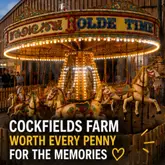 A promotional image featuring a brightly lit carousel at night, used to advertise Cockfields Farm. The image focuses on the nostalgic and magical atmosphere of the ride, with text overlay highlighting the venue's appeal for family memories.
